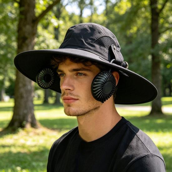 Chapeau Bob Double Ventilateur 2-en-1 Casquette Rafraîchissante avec Ventilateurs Amovibles Rechargeables par USB Pales Phosphorescentes Vitesse Réglable Chapeau de Soleil à Large Bord