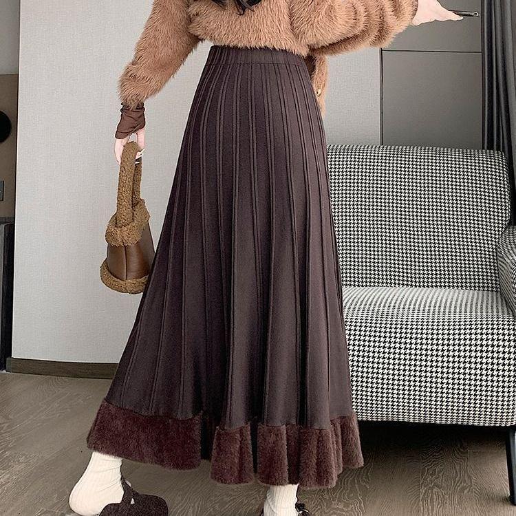 Autumn Winter Women's Knitted Pleated Skirt Long High-waist A-line Skirt