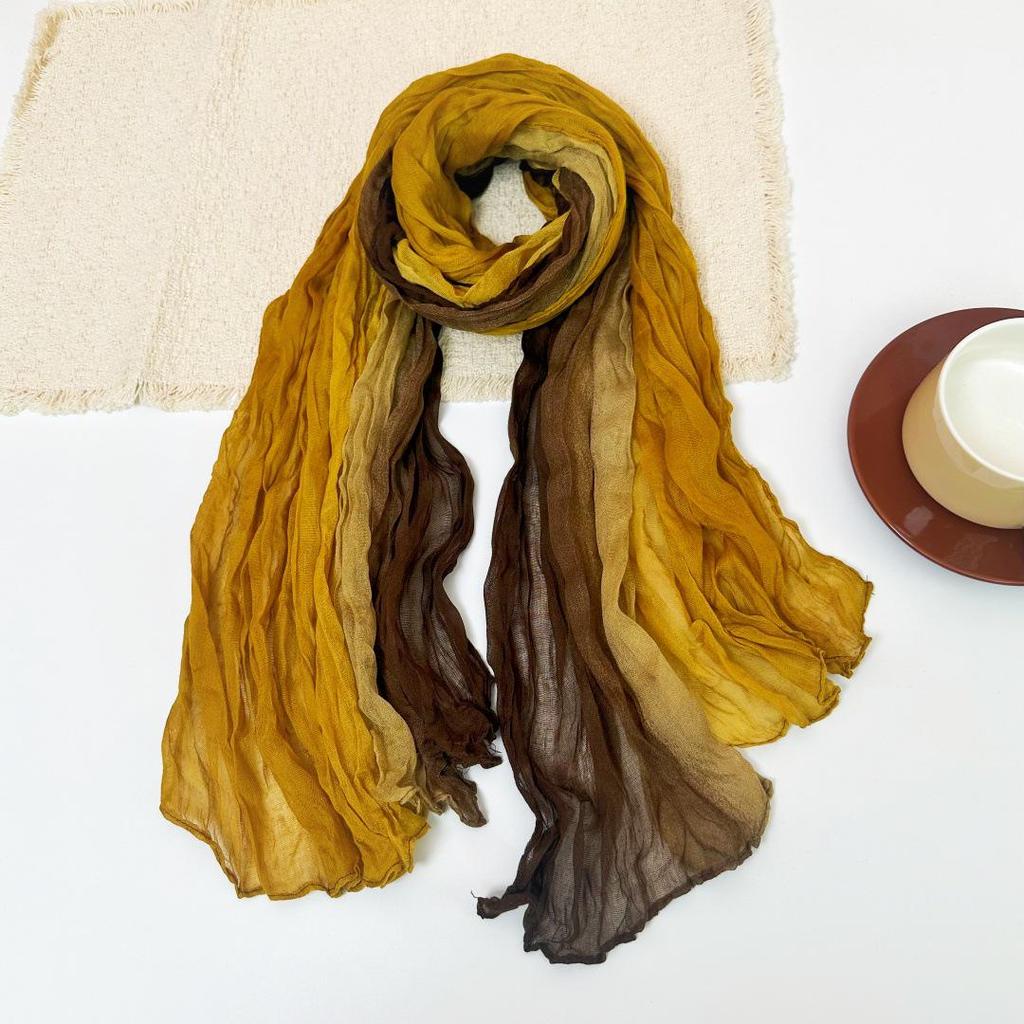 Gradient Blue Cotton-Linen Scarf: Retro Versatile Print, Long Pleated Women's Accessory for Autumn/Winter