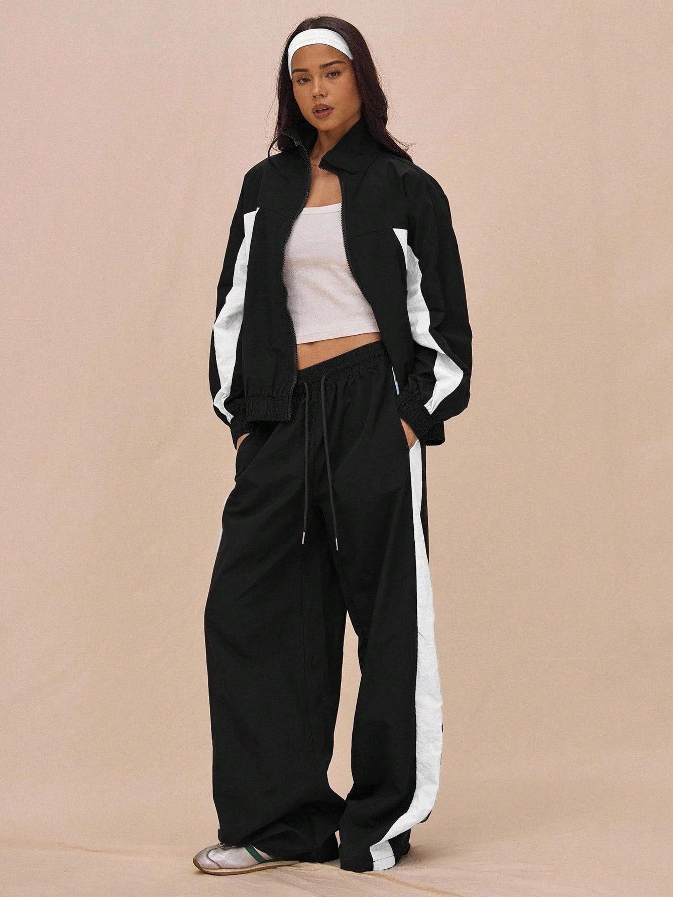 Trend casual contrasting colors 2026 independent station popular fashion women s clothing striped zipper jacket lace-up trousers set S