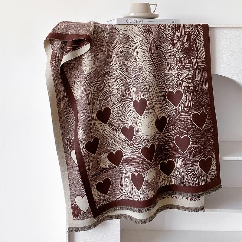 Imitation Cashmere Love Pattern Retro Style Texture Printing Thickened Warm Scarf Shawl
