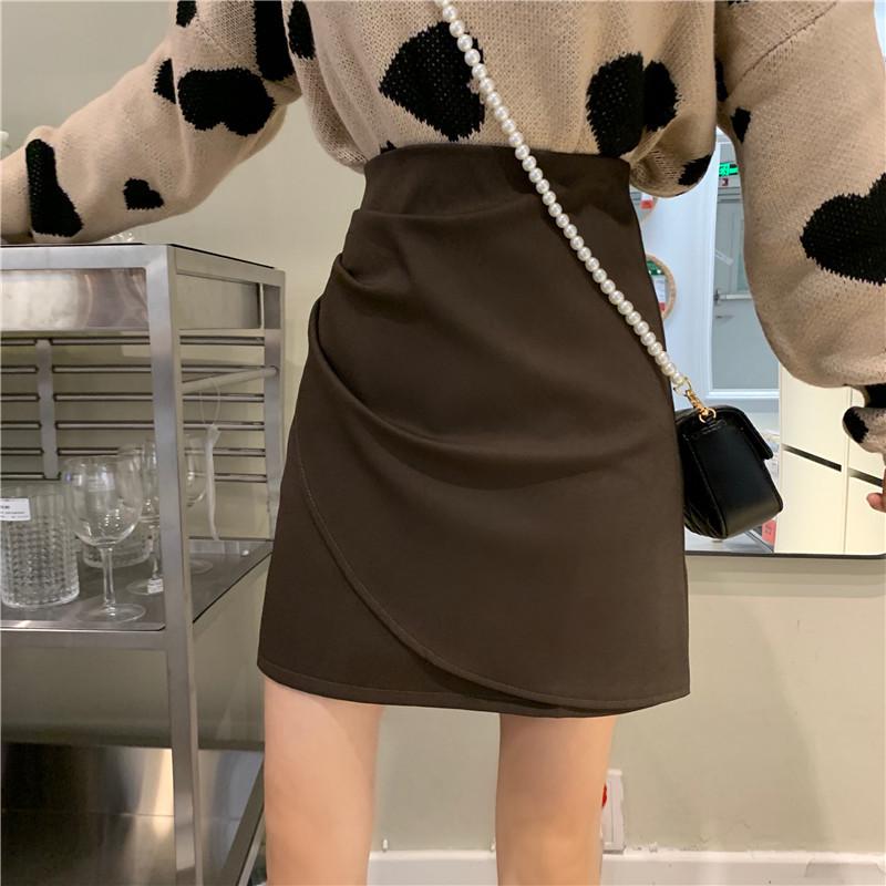 2023 Trendy Irregular Midi Skirt: Women's Coffee Color A-line Slim Bodycon Skirt
