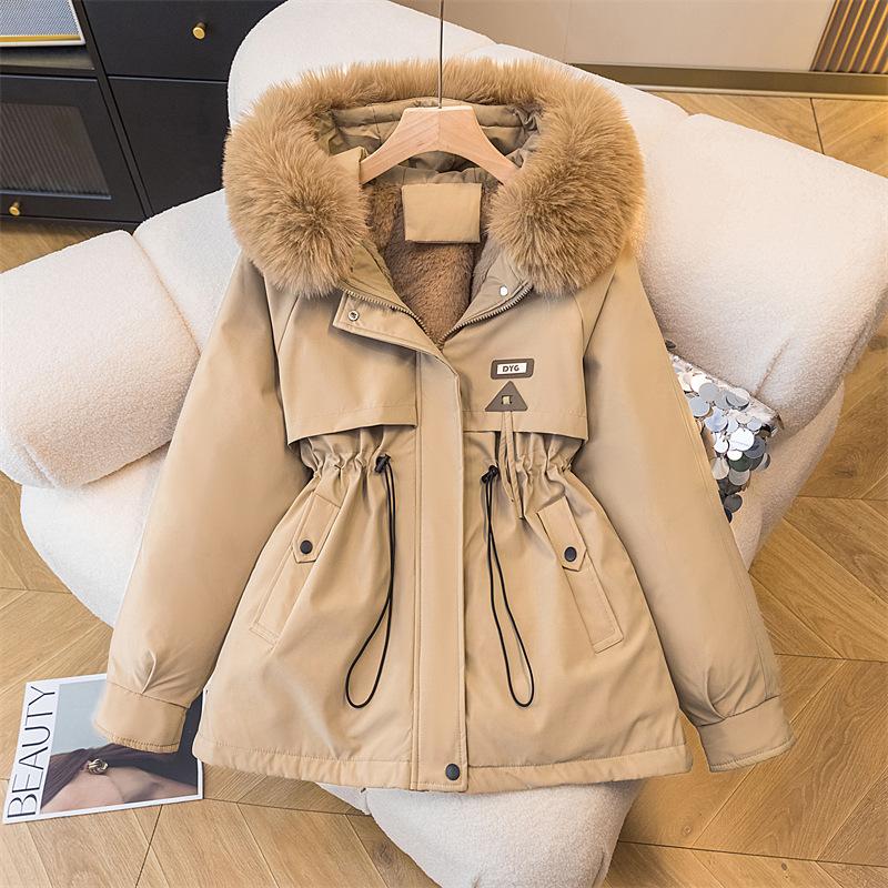 Parker Clothing Women's Winter Korean Version of The Waist Is Thin, Hooded Plus Velvet Cotton Clothing Mid-length Jacket Cotton Coat