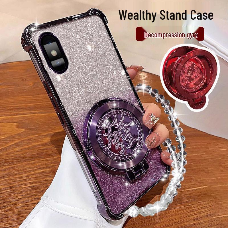 Apple XR/XS/XS Max Glitter Chinese Style Phone Case with Gyroscope Stand & Full Coverage Lens Film