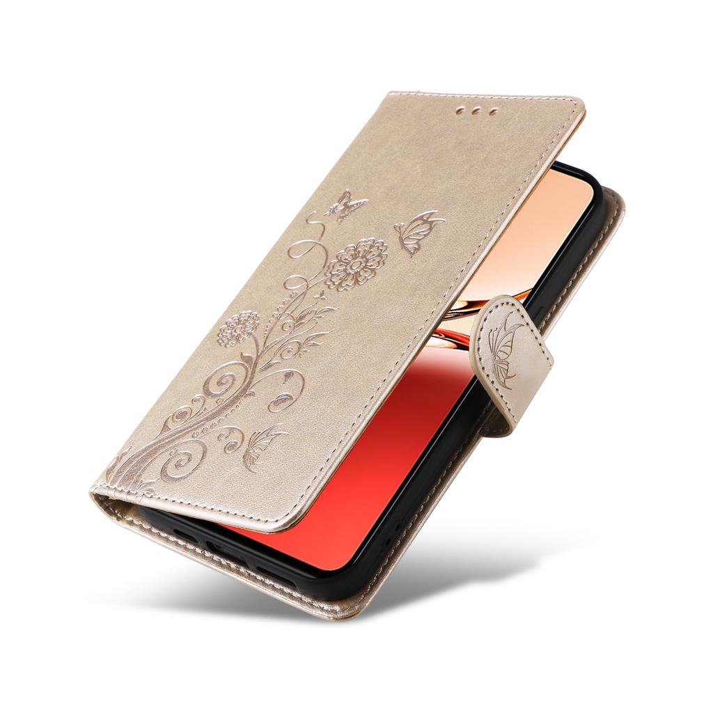 For Oppo Reno12 F 4G Leather Case Butterfly Floral Imprint Wallet Stand Cover