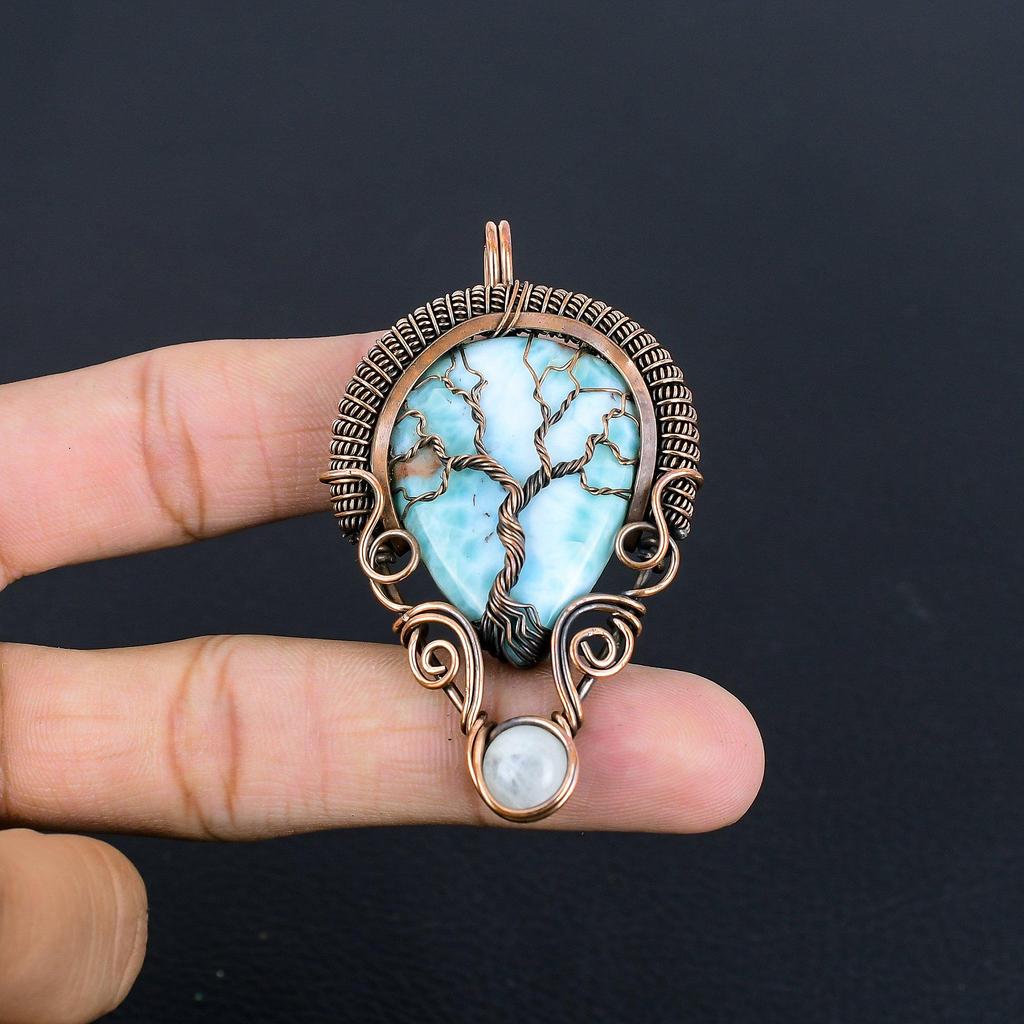 Tree Of Life Larimar Pendant Gemstone Jewelry, 999 Copper Wire Wrapped Pendant, Handmade Jewelry Birthstone Pendant, Gift For Him