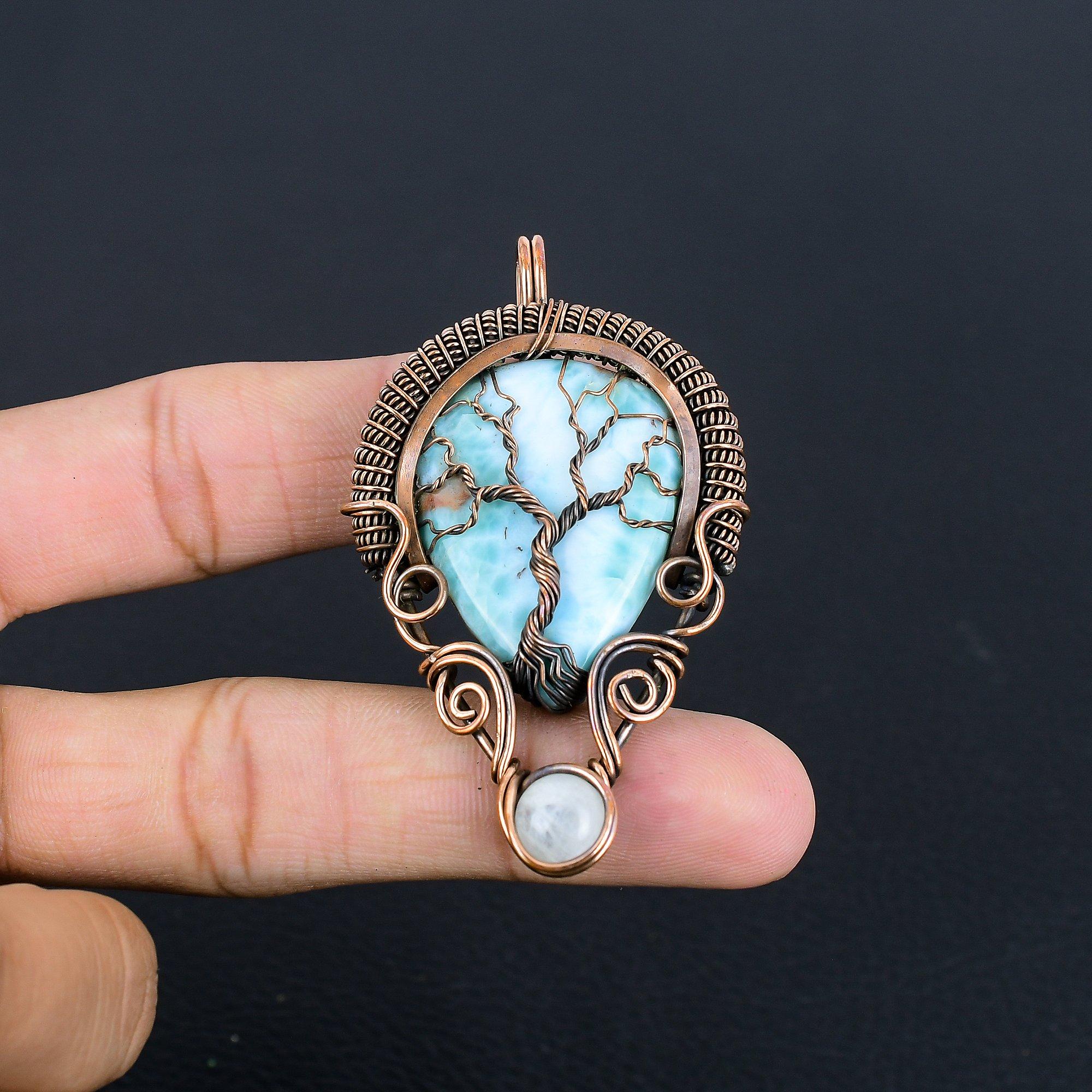 

Tree Of Life Larimar Pendant Gemstone Jewelry, 999 Copper Wire Wrapped Pendant, Handmade Jewelry Birthstone Pendant, Gift For Him