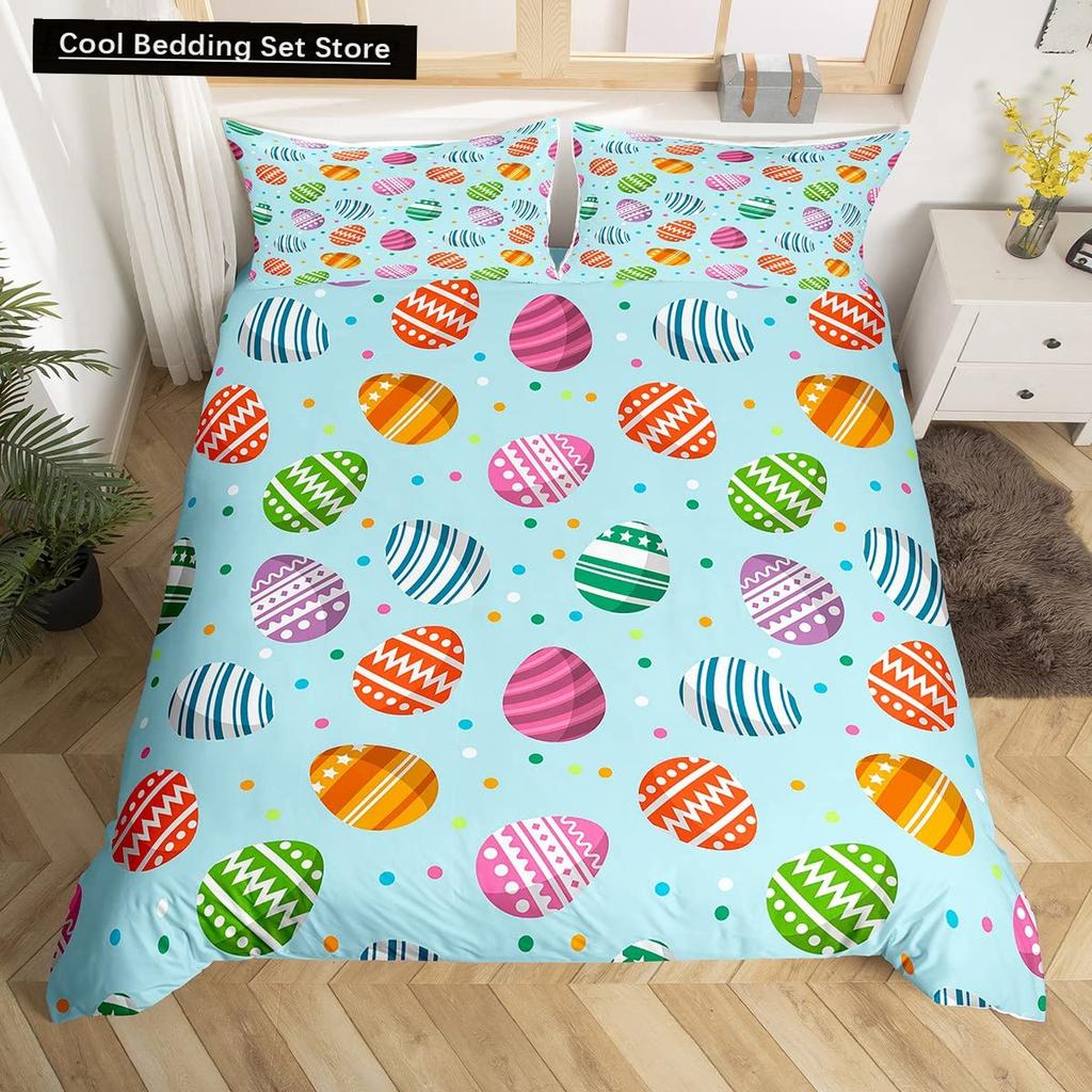 Watercolor Easter Eggs King Queen Bedding Set Happy Easter Themed Duvet Cover Toddlers Rainbow Easter Egg Polyester Quilt Cover