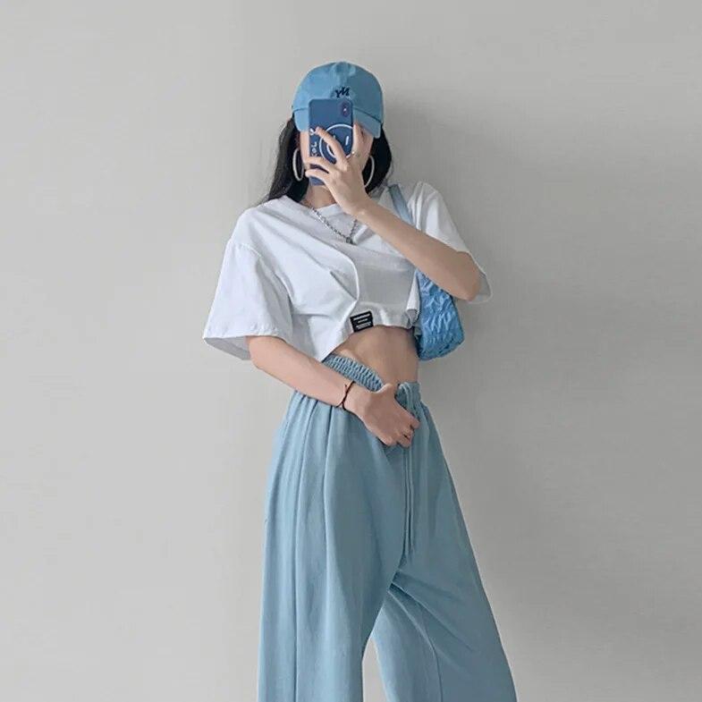 Harajuku მარტივი სოლიდური Crop Top ქალების ყოველდღიური მოკლემკლავიანი მაისური ზაფხულის სექსუალური თავისუფალი ახალგაზრდა გოგოს მოკლე მაისური კორეული ტანსაცმლის ტოპები