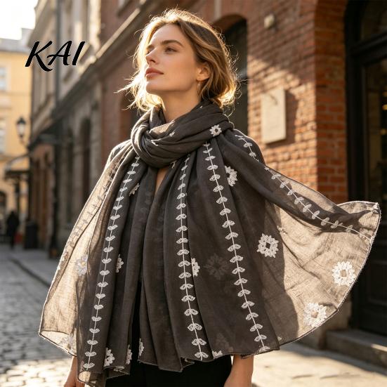 Floral Embroidered Shawl Solid Color for Women, Lightweight Soft Gauze Scarf with Vine Texture, 180x90cm Breathable Wrap Spring Summer Autumn