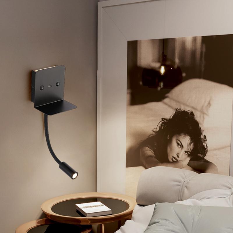 Modern Led Bedroom Light with Shelf USB Charger Bathroom Reading Light with Background Night Light Led Wall Lamp with Switch