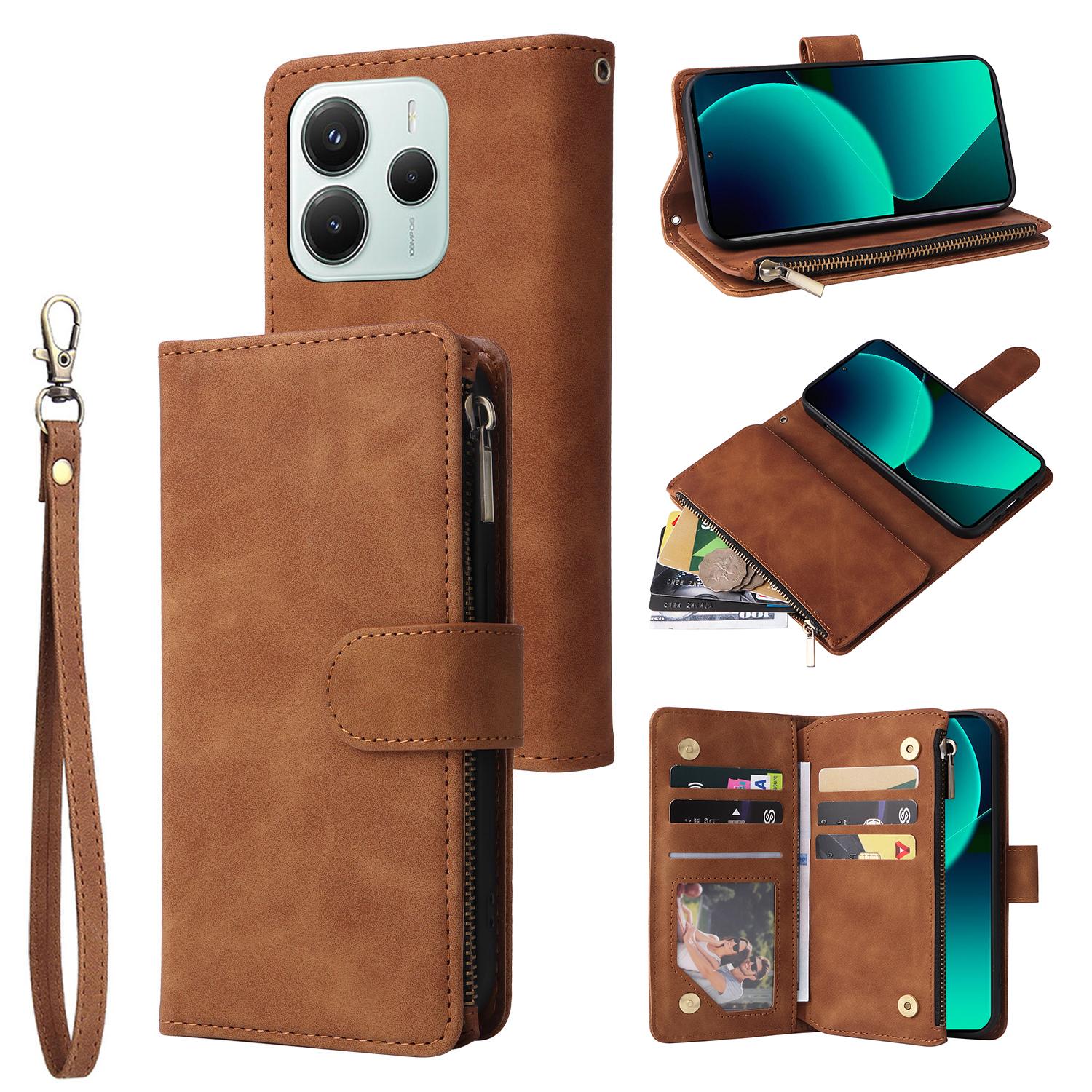 

Для Xiaomi Redmi Note 14 5G Чехол Кошелек на молнии Множество слотов для карт Кожаный чехол для телефона Brown