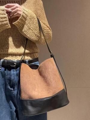 Chic Retro Suede Patchwork Bucket Bag - Versatile Korean Style