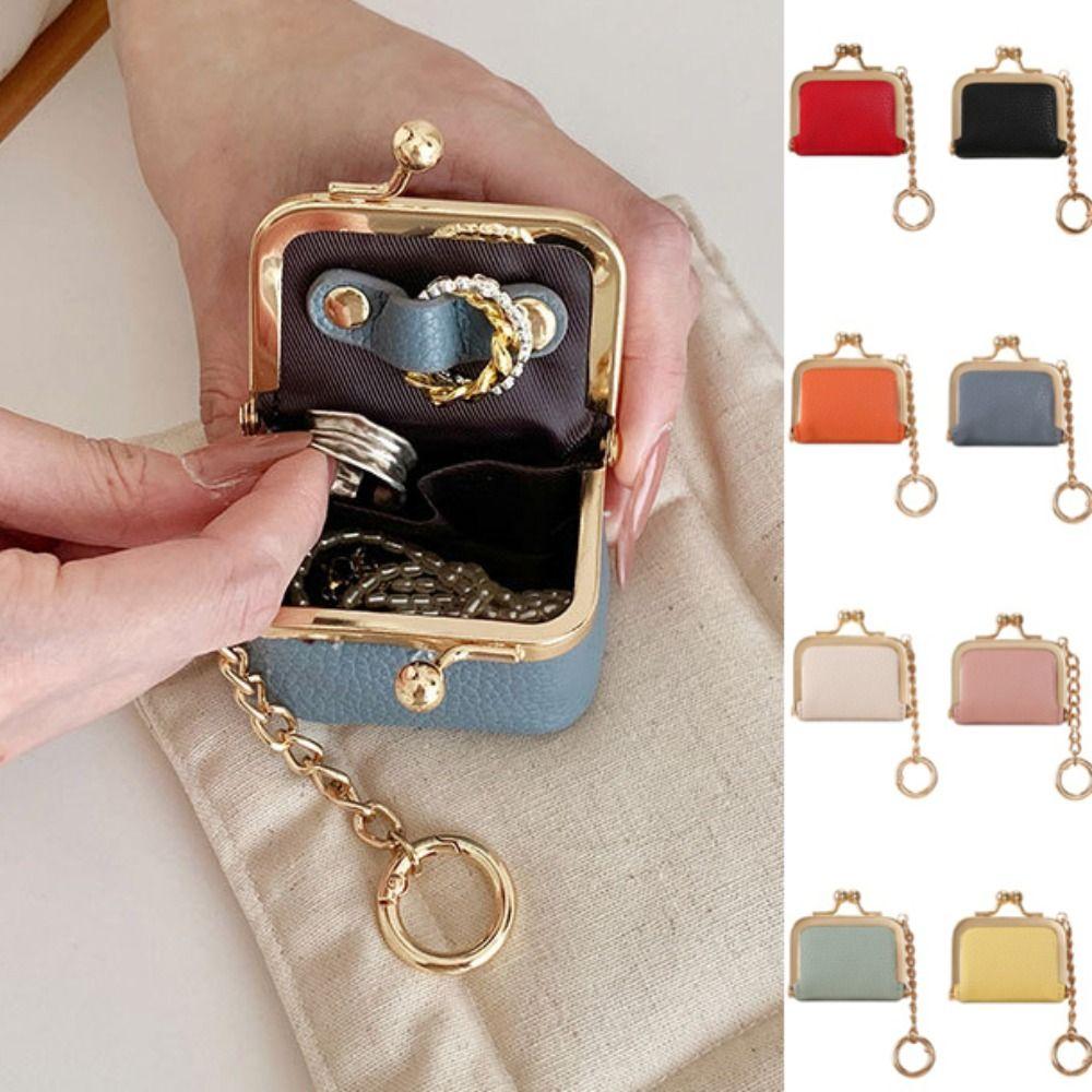 Multicolored Kiss Lock Coin Purse With Keychain Small Item Bag Simple Leather Jewelry Bag Ring