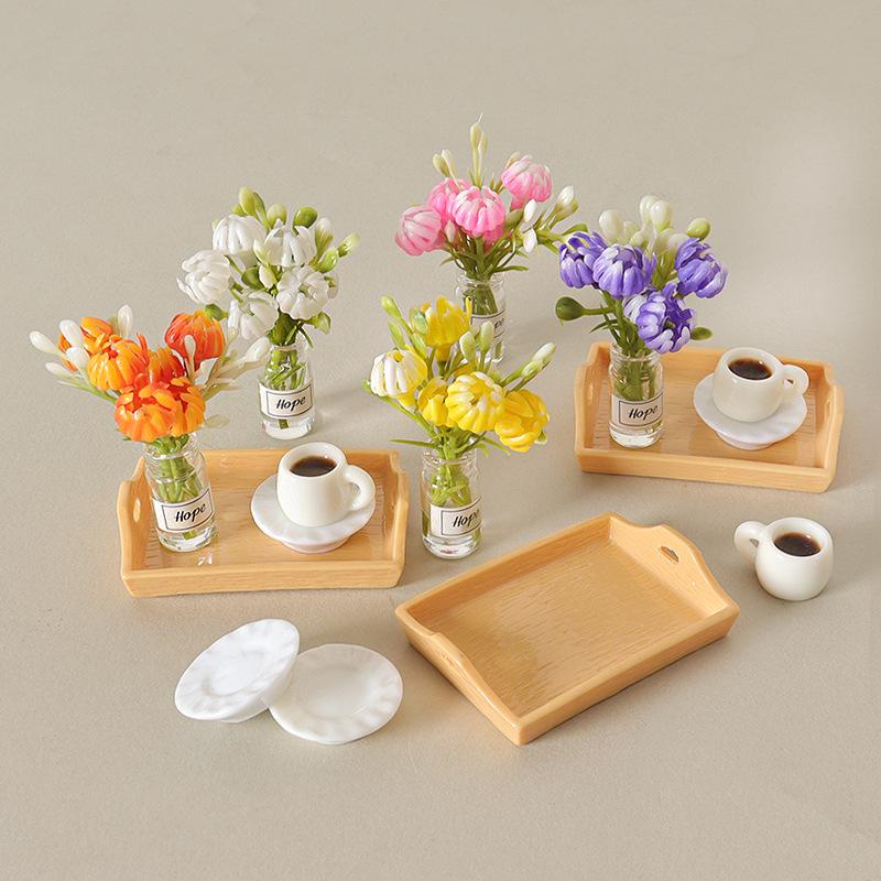 Miniature Dollhouse Coffee Cup Ornament Set - Handmade Tray & Vase Accessories