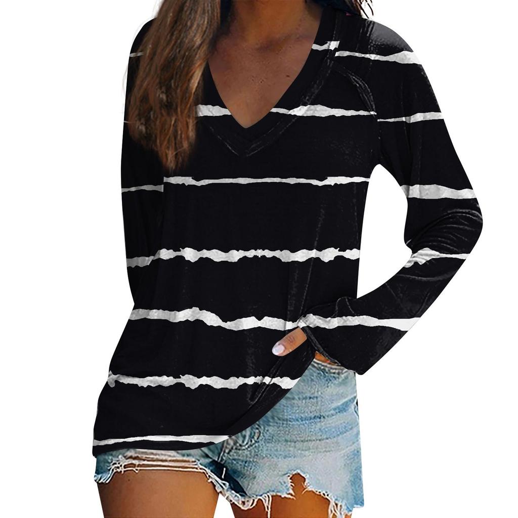 Women's Long Sleeved T-shirt V-neck Tie Dyed Floral Stripe Print Casual Top