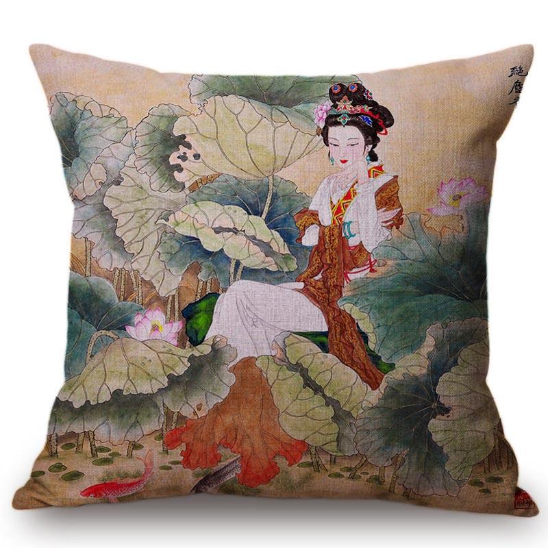 Chinese Retro Painting Style Classical Girl Lotus Cushion Covers Office Car Sofa Chair Home Decoration Cushion Cover Pillow Case