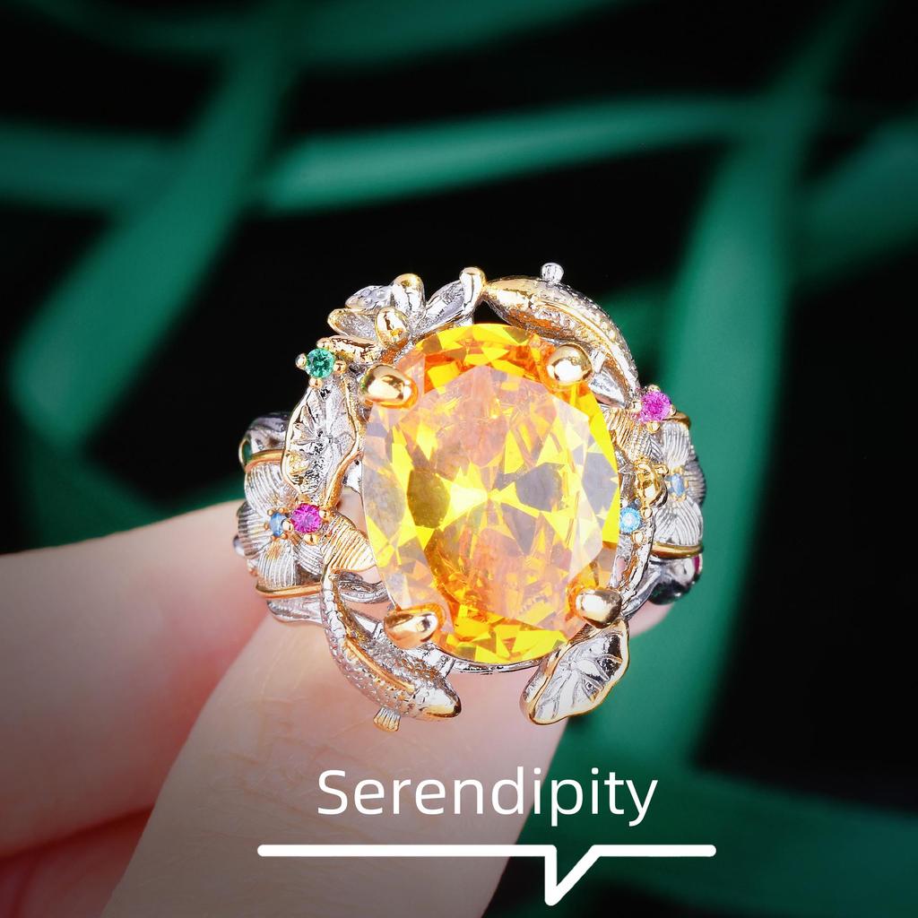 Italian Vintage Pisces Lotus Gem Set: Yellow Diamond Pendant Earrings & Adjustable Ring