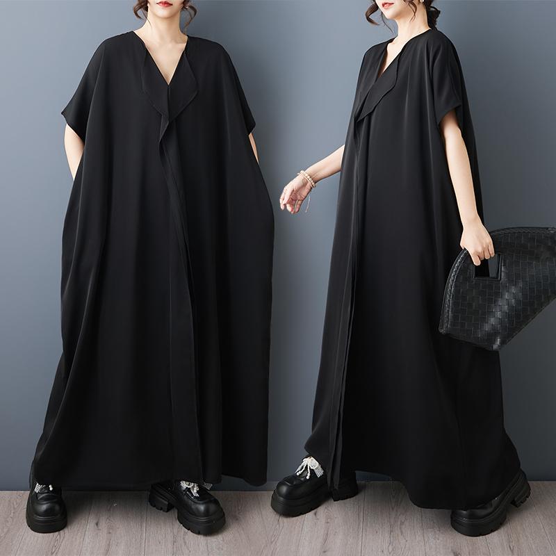 DIMANAF New 2026 Summer Women Plus Size Vintage Elegant Lady Long Dress Black Chiffon Loose Oversize Maxi Clothing