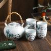 Japanese Ceramic Hand-painted Teapot with Handle, Tea Pot with Underglaze Color, Ceramic Tea Set with Pufferfish Pattern