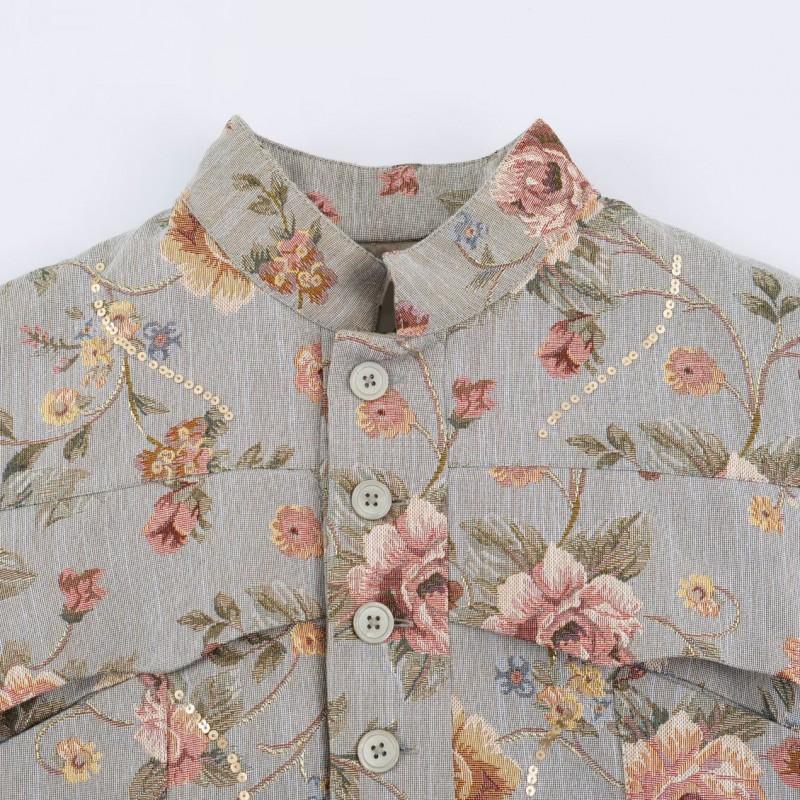 Womens Short Suit Jacket Floral Jacquard Long Sleeve Blazer Slim Fit Stand Collar Casual Outerwear