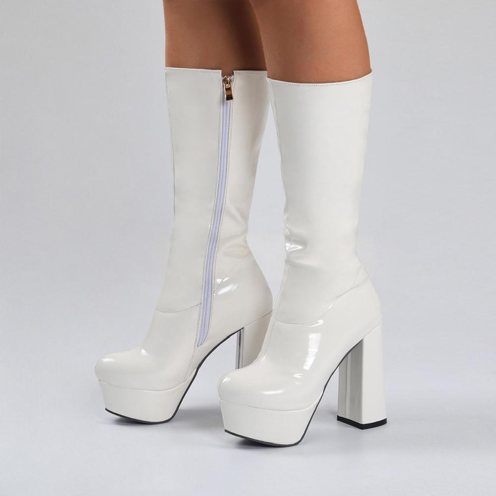 Ladies Mid-Tube Boots Leopard Print Flock Sexy Platform High Thick Heel Mid-Calf Boots Side Zipper Patent Leather Fashion Boots