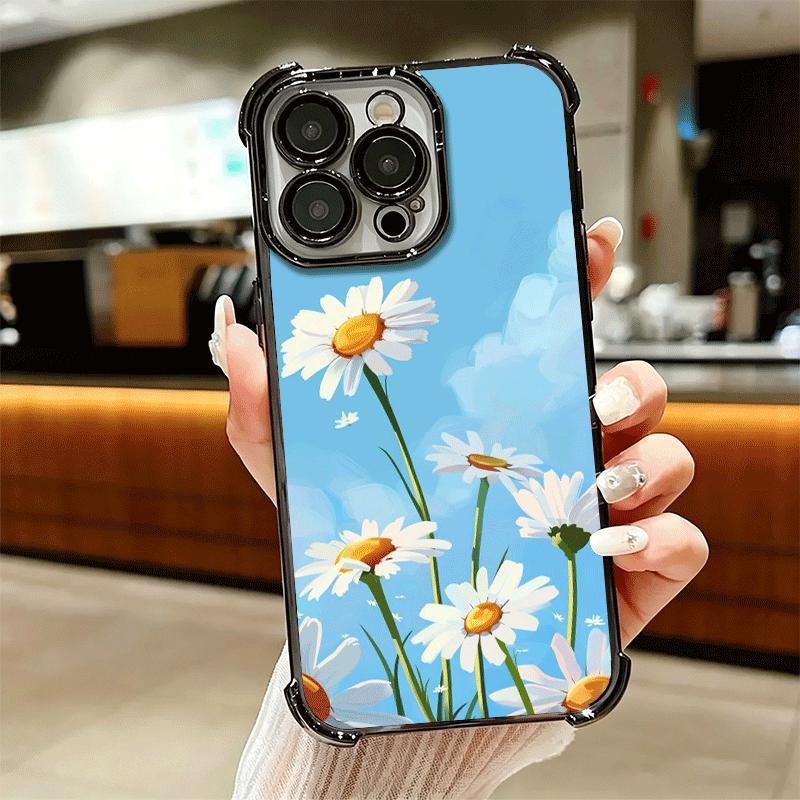 Daisy Flowers Aesthetics Plating Phone Case For Iphone 16 17 Pro Max Air 16E 14 15 Plus 12 13 Mini Anti-Fall Airabag Cover