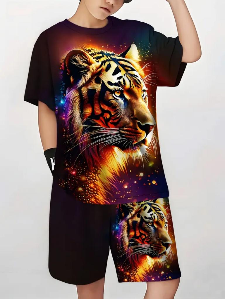 Kinder Set Cooler Tiger Wolf Löwe Druck Sommer Kurzarm Mode Bequem Jungen Anzug Outdoor Trendige Kinderkleidung