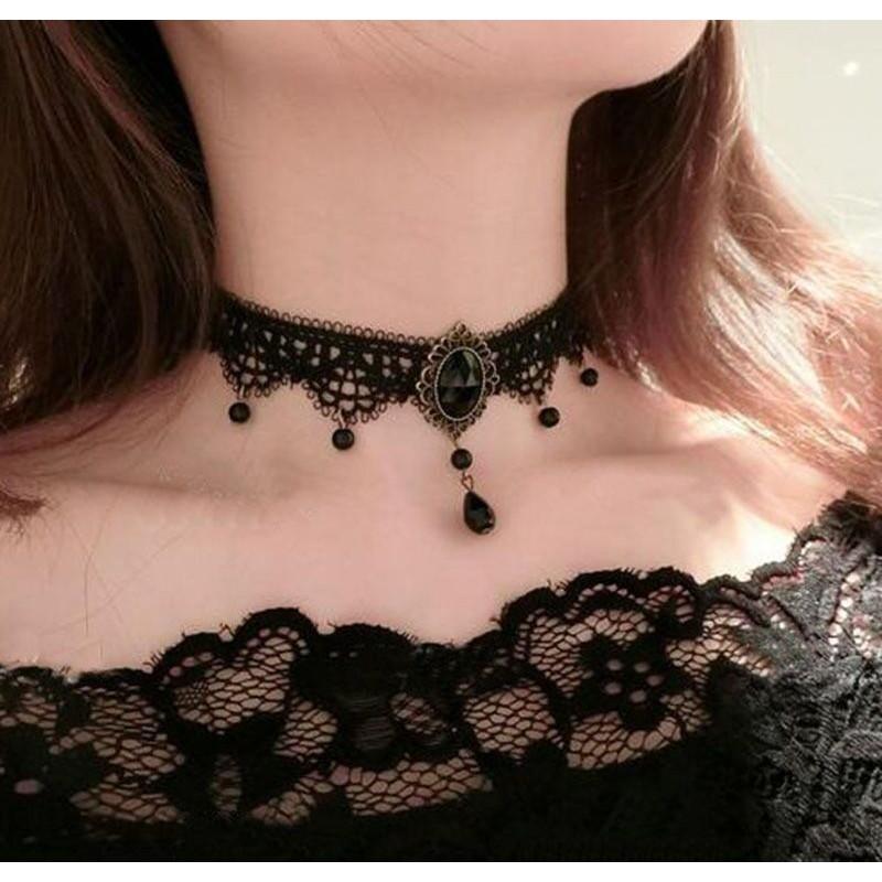 Gothic Lace Choker Necklace Women Minimalist Black Punk Collar Chain With Floral Snake Alloy Pendant