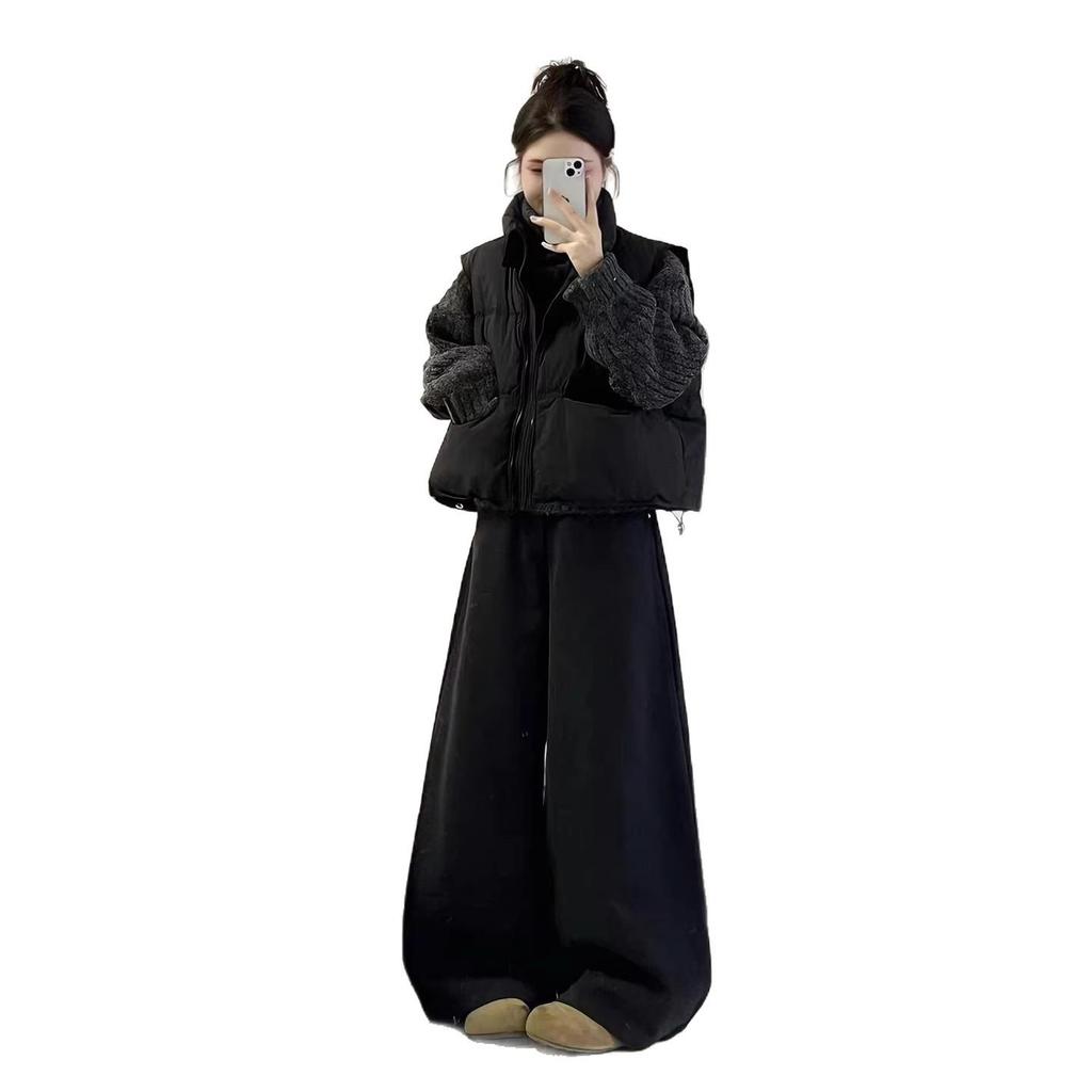 Women's Korean-Style Three-Piece Set: Spring Knitted Sweater, Cotton-Padded Vest, and Wide-Leg Pants.