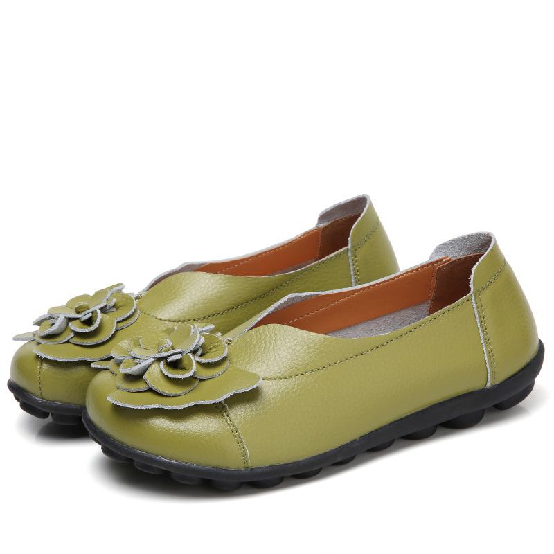 Spring Summer Cowhide Flower Mother Shoes Comfortable Bean Women's Shoes Flat Shoe Women's Singles Shoes