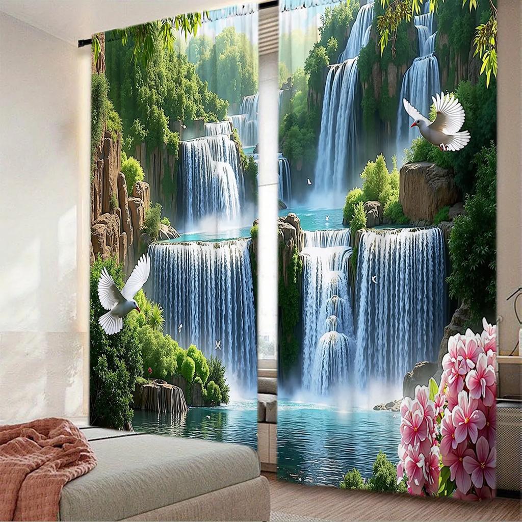2pcs Landscape Paintings and Decorative Curtains - Artistic Home Decoration Curtains, All Season Decorative Curtains