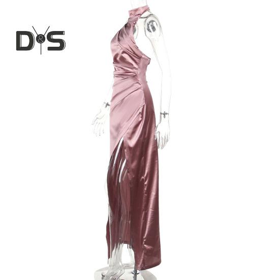 Women Ball Gown Stand Collar Halter Neck Off Shoulder Sleeveless Satin Evening Dress Slim Fit Pleated Solid Color High Slit Floor Length Maxi Dress