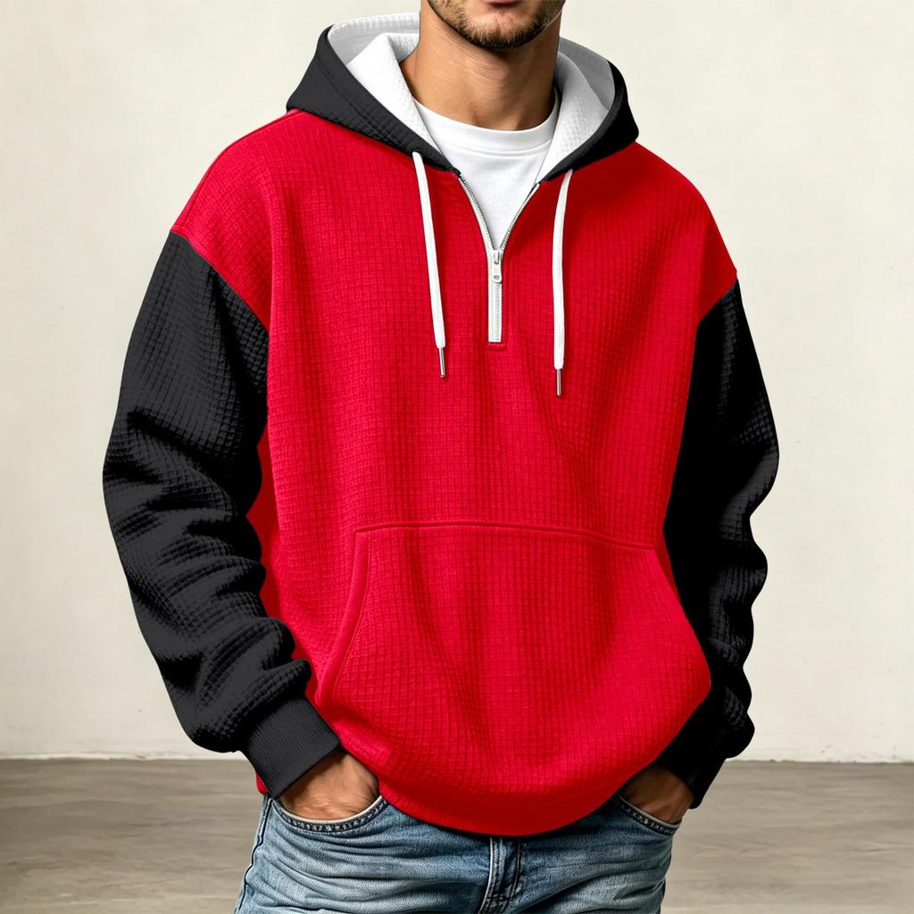 Sudadera con capucha de punto casual de bloque de color con media cremallera para hombre
