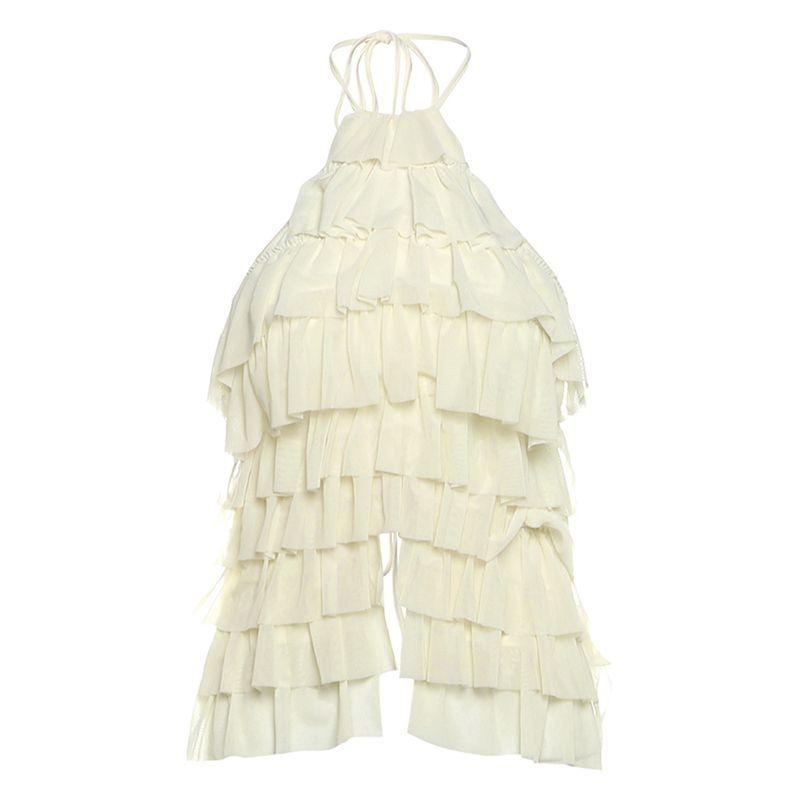 # Sisjuly# Cream Cake Sweet and Spicy Young Adult Layers Stacked Ruffles Open Back Halter Spaghetti Straps Tops Female