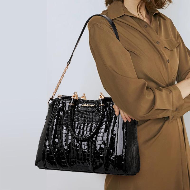 Schoolbag Women's Black Crocodile - Embossed Patent Leather Top - Handle Bag