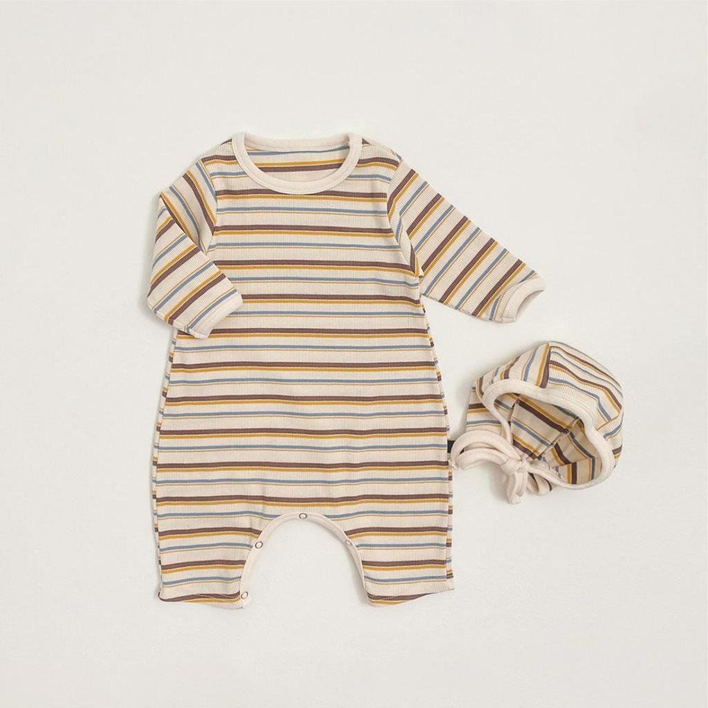 Korean-Style Ribbed Footed Romper: Colorful, Long-Sleeve, Unisex Baby Jumpsuit for Autumn.