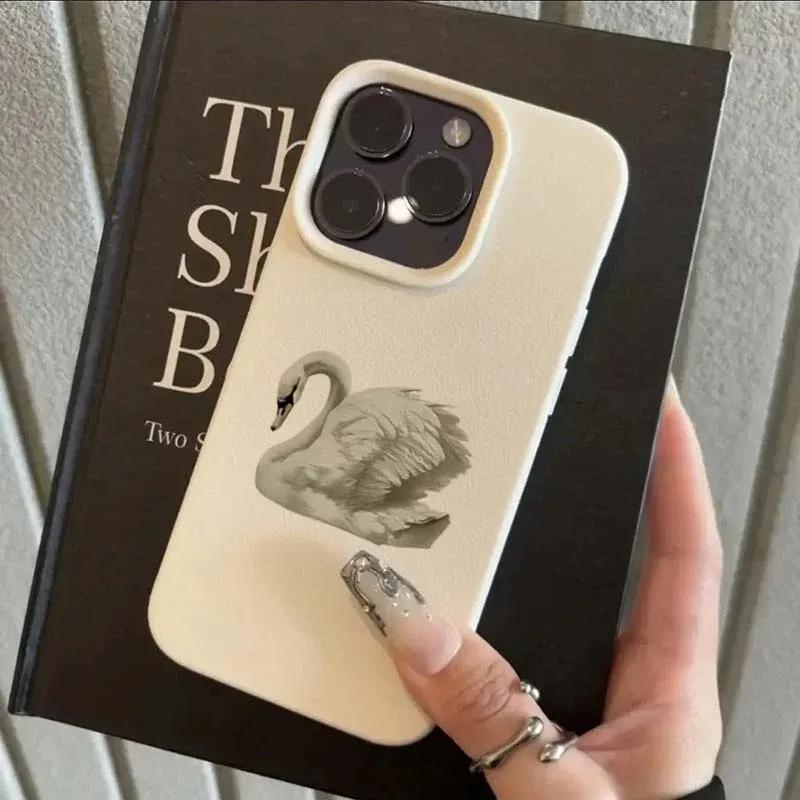 Phone Case For iPhone 16 15 Pro Max 14 13 12 11 Pro Max 16 Plus XS XR X 16e Elegant White Swan Design Soft Cute Shockproof Cover