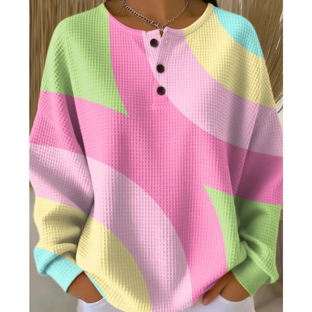 Women's Crew Neck Three‑Button Placket Color‑Block Striped Waffle Knit Loose Long Sleeve Top