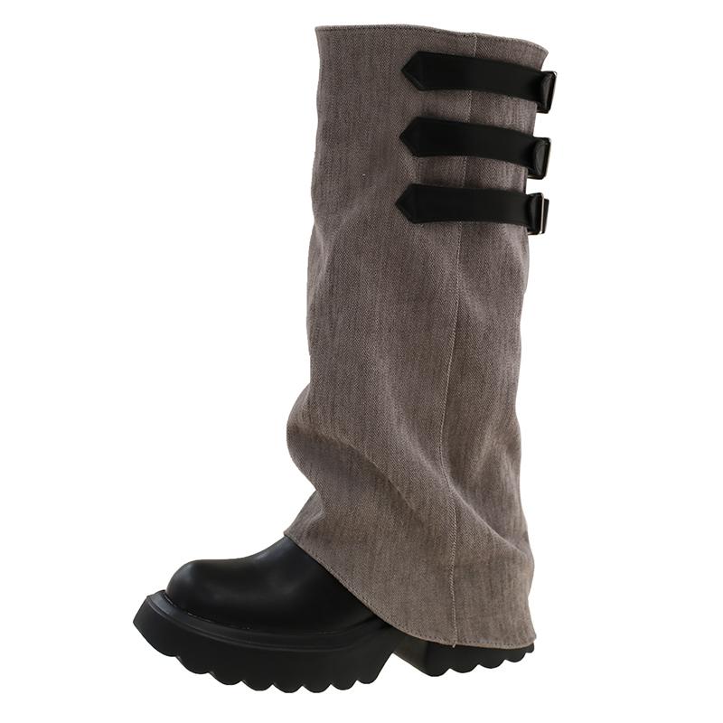 Fashion Medium Heel High Boots Fashion Round Toe Sleeve Belt Buckle Platform Anti-Slip Wear-Resistant Fashion Boots