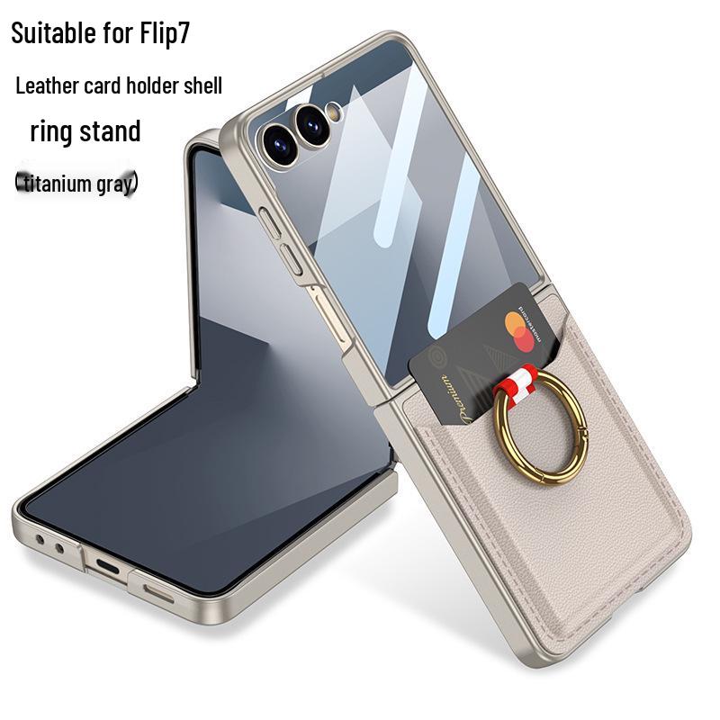 Samsung Z Flip7 Ultra-Thin Leather Case: Full Coverage, Card Holder, Ring, Anti-Drop Protection