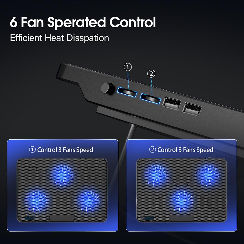 Coolcold 15,6-17,3 Zoll Laptop-Kühlpad mit 6 leisen Lüftern, 7-stufig einstellbare Windgeschwindigkeit, Laptop-Kühler mit Handyhalter