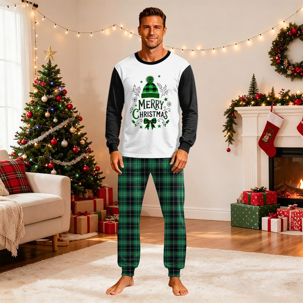 Matching Family Christmas Pajama Set Long Sleeve Neck Print Top with Pants for Adults and Kids