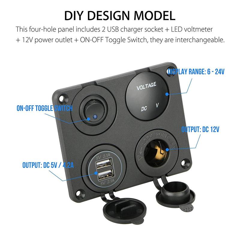 4-in-1-Autoladegerät mit Dual-SUB und 4,2-A-Voltmeter 12 V und Zigarettenanzünder und LED-Lichtschalter, geeignet für Boot, Wohnmobil, Auto, LKW