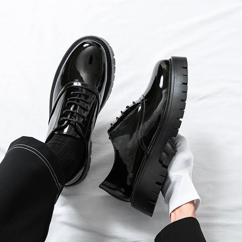New Thick-soled Heightening Big-headed Leather Shoes Men's Patent Leather Glossy Casual Shoes Thick-heeled Loafers Hairstylist Men's Shoes