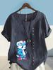 Women's Fashion Blue Bear Print Shot Sleeve T-shirt Loose Cotton Shirt Casual Loose Summer Blouse Tops Plus Size