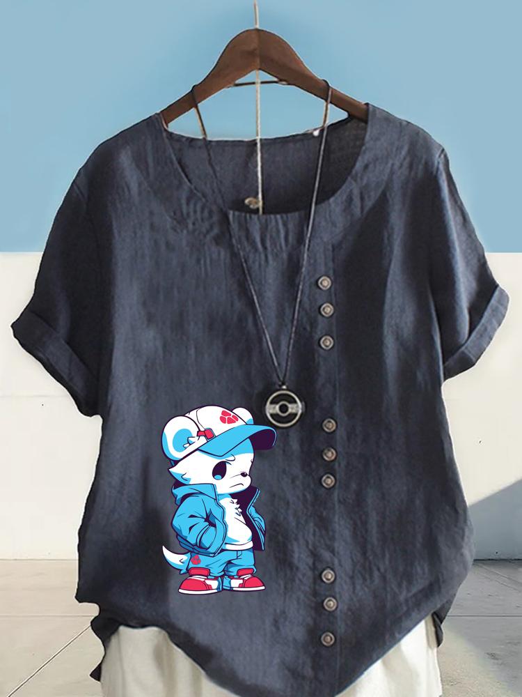 Women's Fashion Blue Bear Print Shot Sleeve T-shirt Loose Cotton Shirt Casual Loose Summer Blouse Tops Plus Size