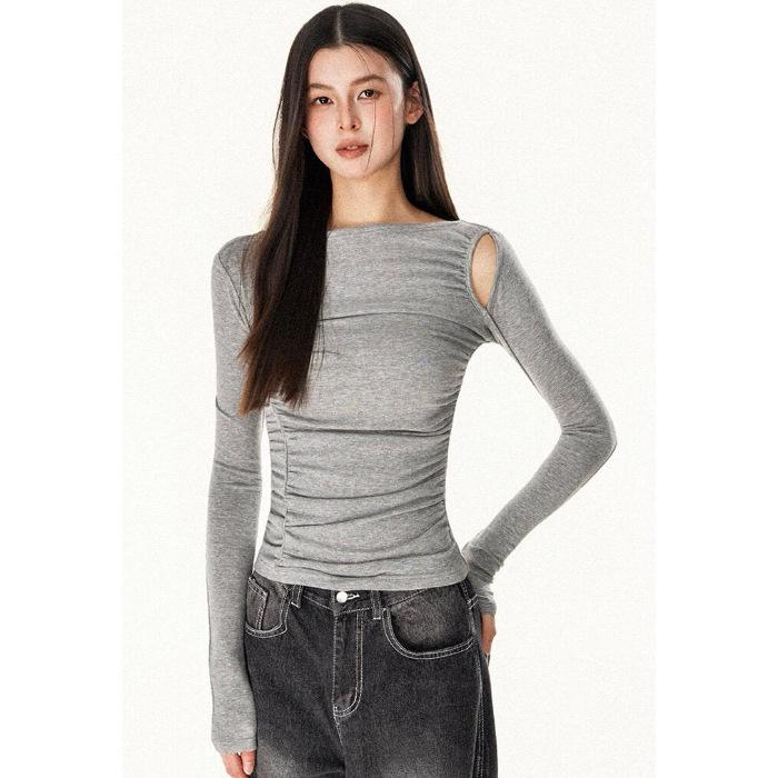 

2025 Korean Style Off-the-Shoulder Pleated Long Sleeve T-shirt: Women s Autumn/Winter Slimming Fashion Top Large светло-серый