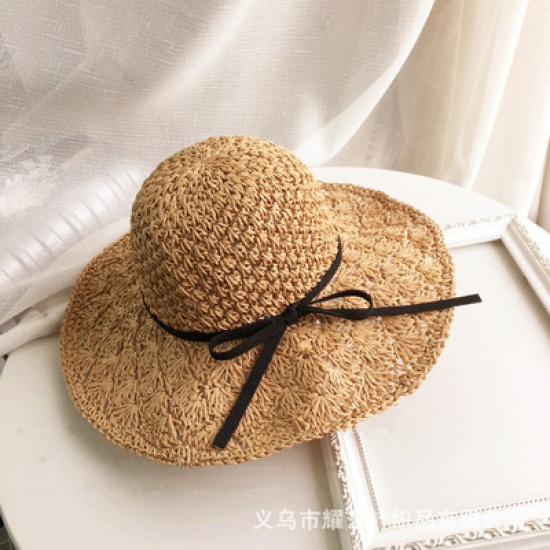 Korean-style Large-brimmed Handmade Woven Straw Hat for Women, Summer Vacation Sun Protection Hat with Bow, Beach Sun Hat, Foldable