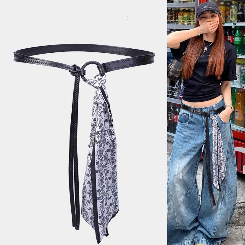 Silk Scarf Waist Chain Belt for Women - Hip Hop Punk Vintage Style, Decorative Ribbon Accessory in Red for Jeans
